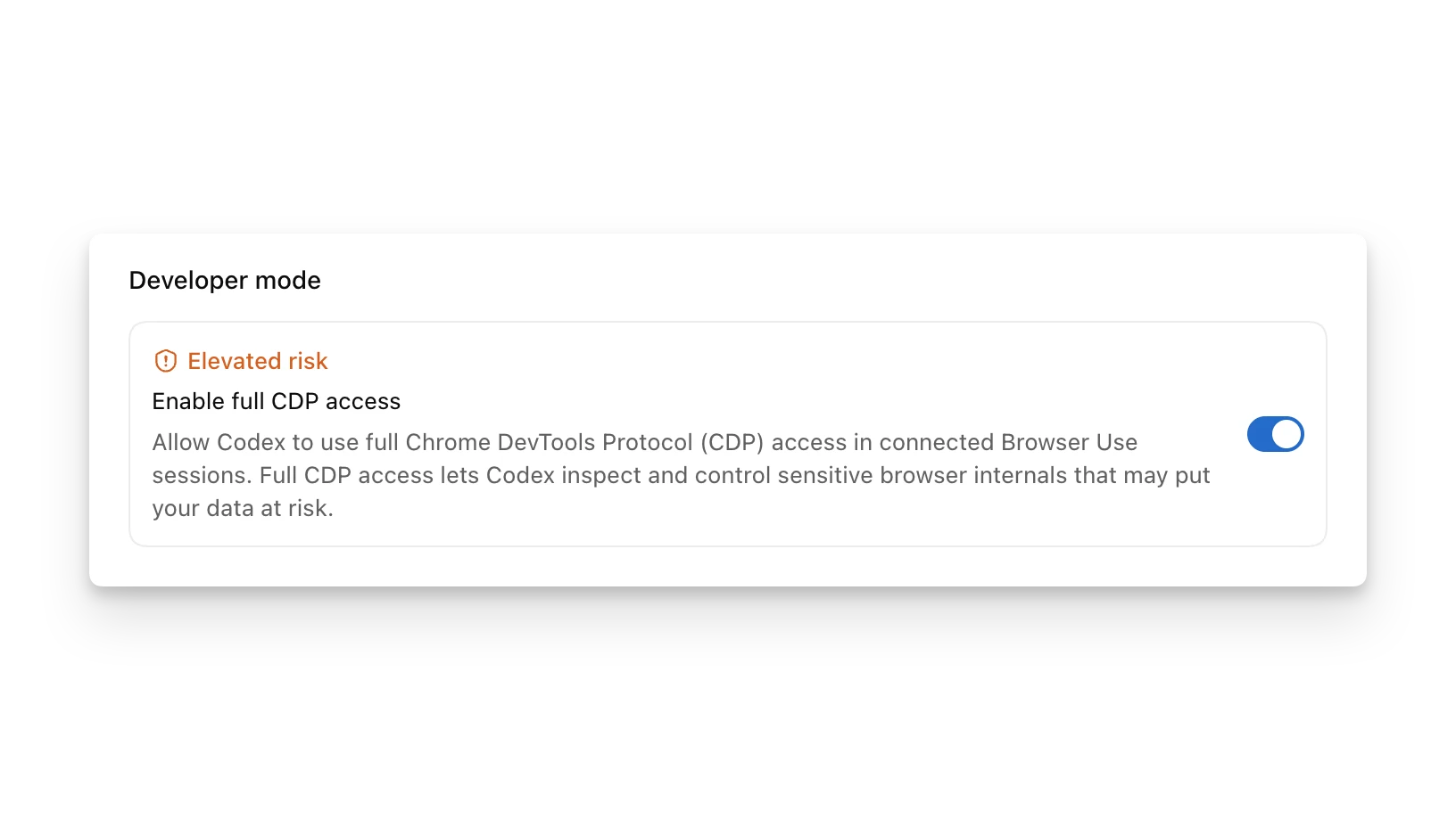 ChatGPT 界面截图:ChatGPT 桌面 App 的 Browser 设置显示已启用完整 CDP 访问的 Developer mode