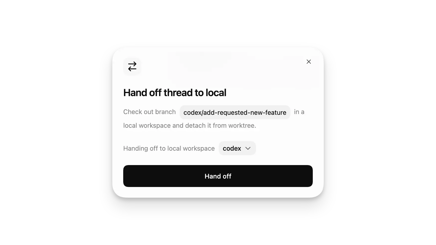 把聊天从工作树移动到 Local 的 Handoff 对话框(浅色模式)