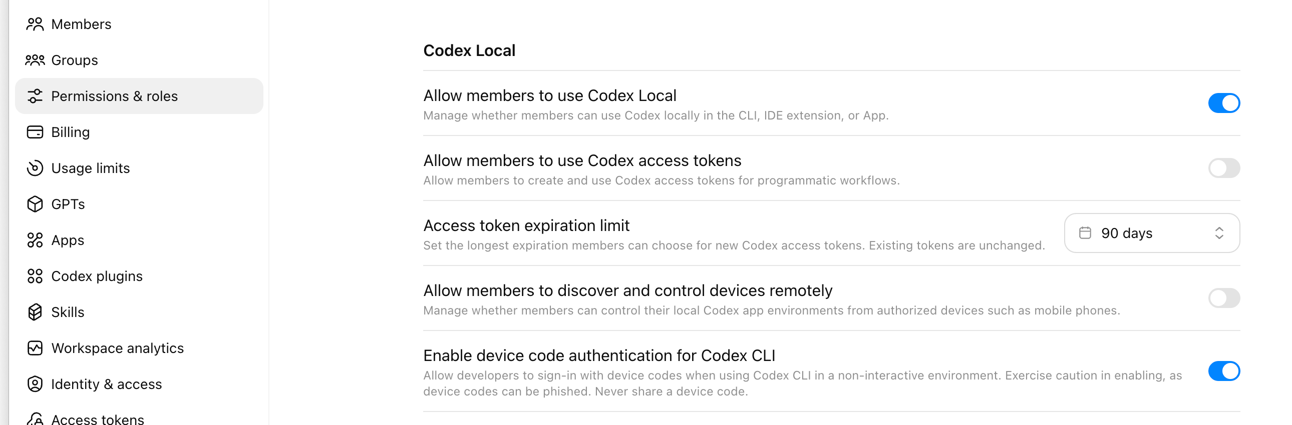 ChatGPT 工作区权限设置中的 Access token expiration limit
