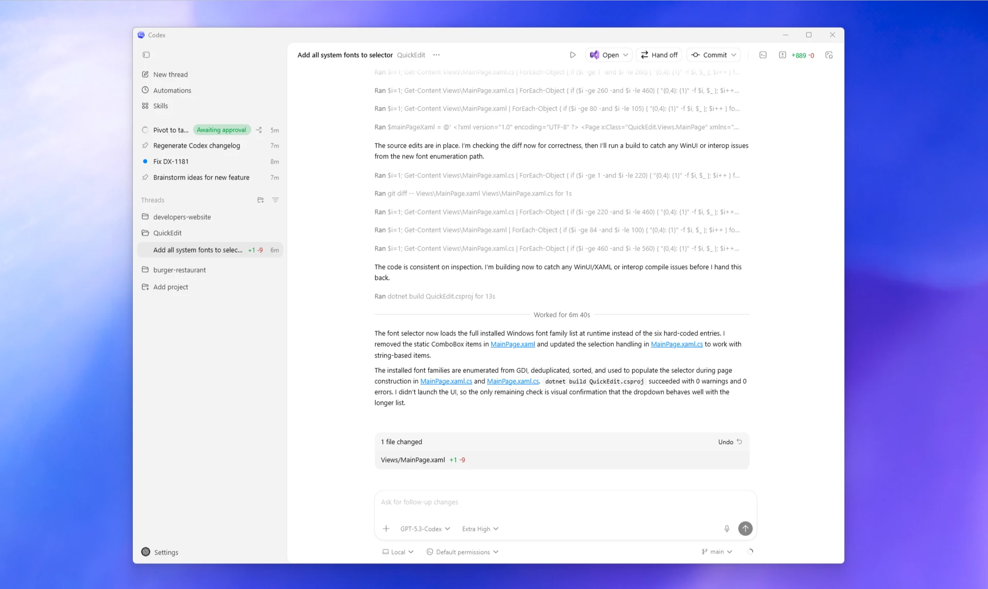 Windows 版 ChatGPT 桌面应用,展示项目侧边栏、活动聊天和评审面板