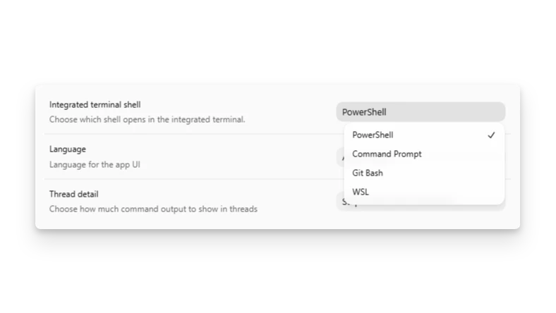 Windows 上 ChatGPT 桌面应用设置里的集成终端选择器