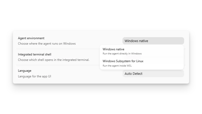 ChatGPT 桌面应用设置中展示 Windows native(Windows 原生)与 WSL 智能体选择器