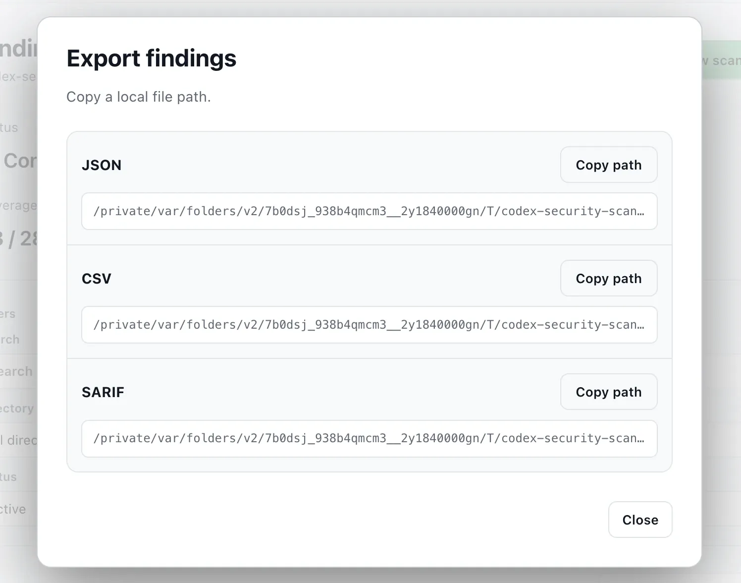 Export findings 对话框,包含 JSON、CSV 和 SARIF 格式选项