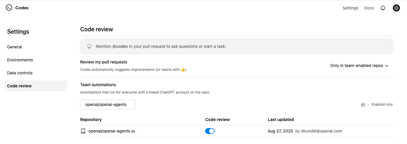显示 Code review(代码评审)开关的 Codex 设置页面