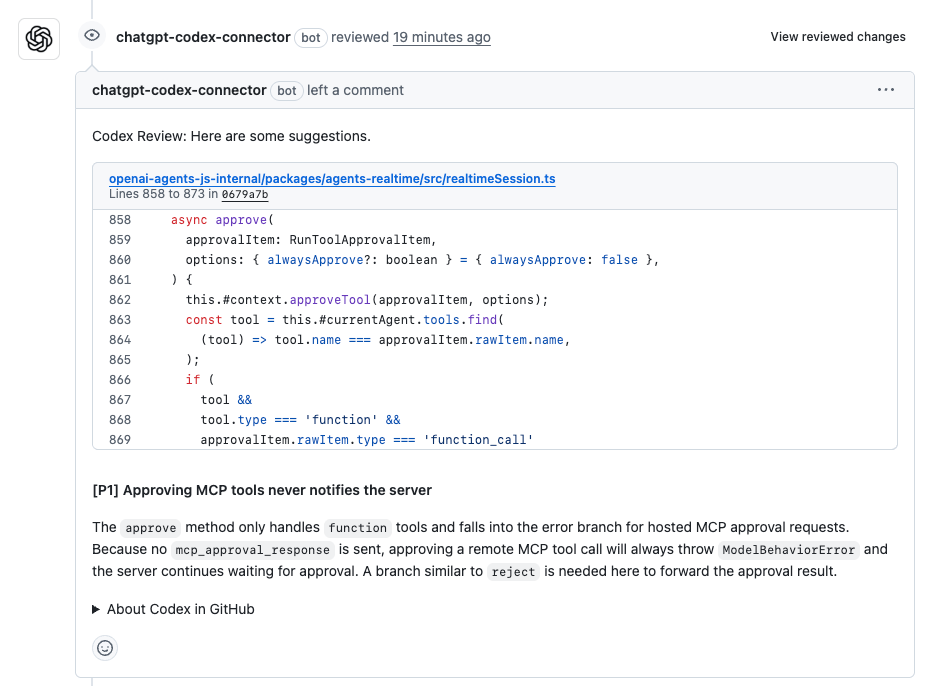 Codex 在 pull request 上发布的评审示例
